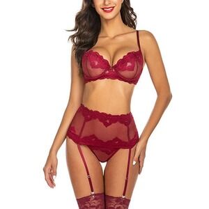 New Sexy Red Lace Lingerie 3pc Bra Thong Garter Belt - Small